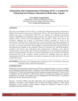 Information and Communication Technology (ICT): a Catalyst for Enhancing Post-Primary Education in Delta State, Nigeria