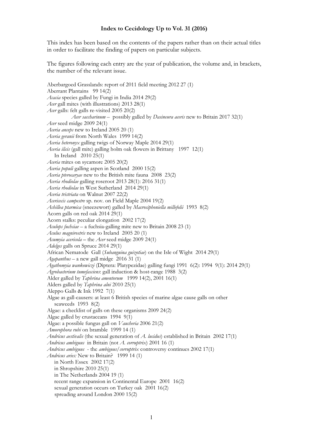 Index to Cecidology up to Vol. 31 (2016)