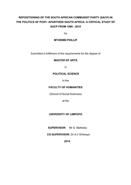 Repositioning of the South African Communist Party (Sacp) in the Politics of Post- Apartheid South Africa: a Critical Study of Sacp from 1990 - 2010