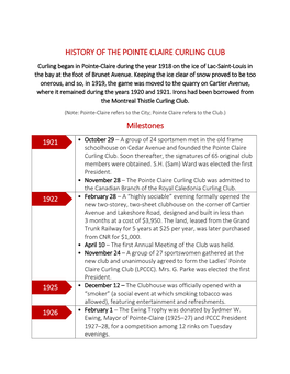 HISTORY of the POINTE CLAIRE CURLING CLUB Milestones