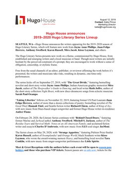 Hugo House Announces 2019–2020 Hugo Literary Series Lineup