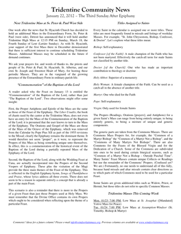 Tridentine Community News January 22, 2012 – the Third Sunday After Epiphany