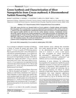 Green Synthesis and Characterization of Silver Nanoparticles from Crocus Mathewii; a Disremembered Turkish Flowering Plant