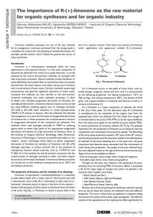 The Importance of R-(+)-Limonene As the Raw Material for Organic Syntheses and for Organic Industry