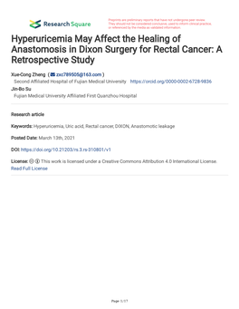 Hyperuricemia May Affect the Healing of Anastomosis in Dixon Surgery for Rectal Cancer: a Retrospective Study
