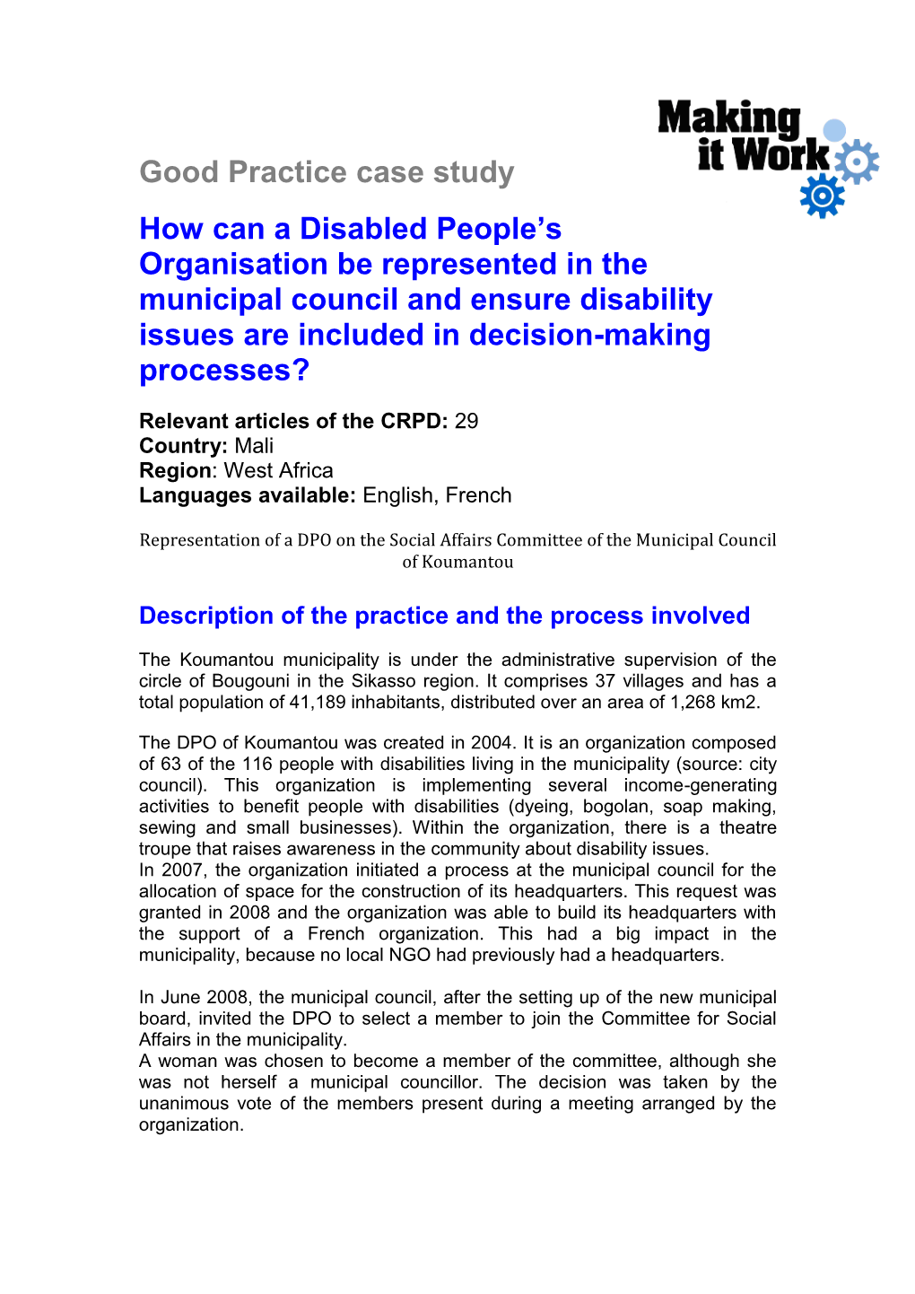 How Can a Disabled People's Organisation Be Represented in the Municipal Council and Ensure Disability Issues Are Included In