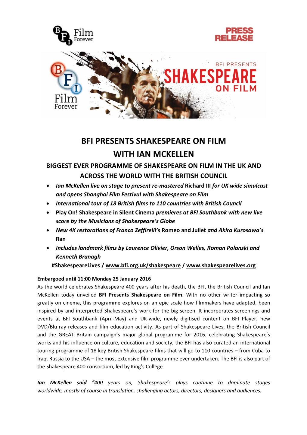 Bfi Presents Shakespeare on Film with Ian Mckellen