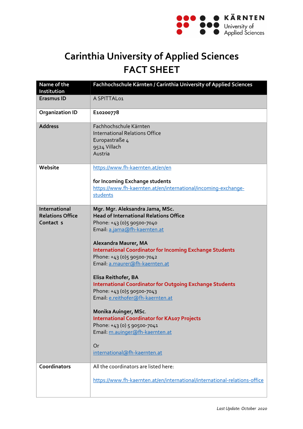 Carinthia University of Applied Sciences FACT SHEET