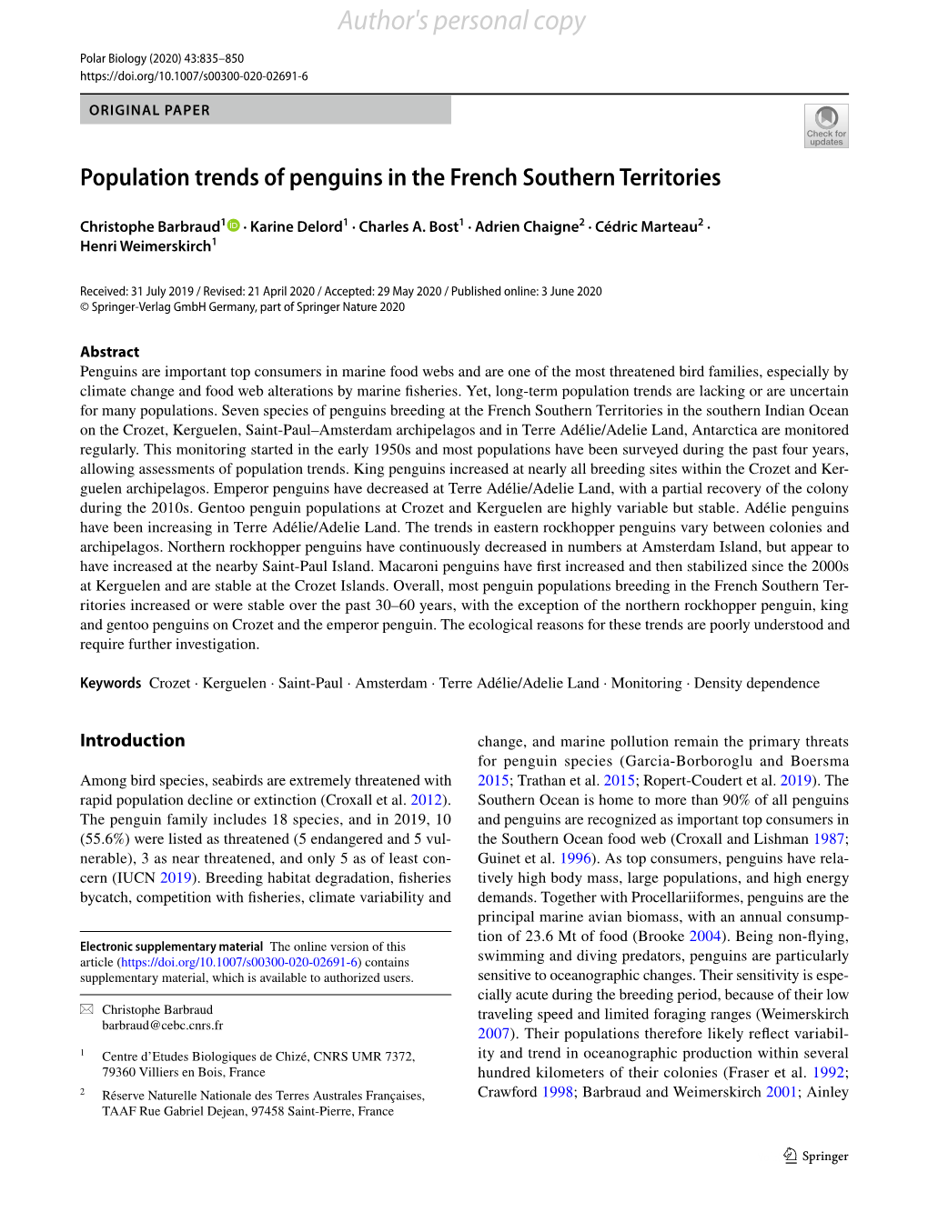 Population Trends of Penguins in the French Southern Territories