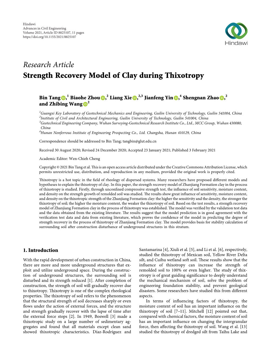 Research Article Strength Recovery Model of Clay During Thixotropy