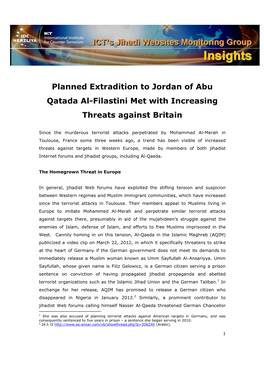 Planned Extradition to Jordan of Abu Qatada Al-Filastini Met with Increasing Threats Against Britain