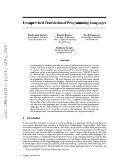 Unsupervised Translation of Programming Languages
