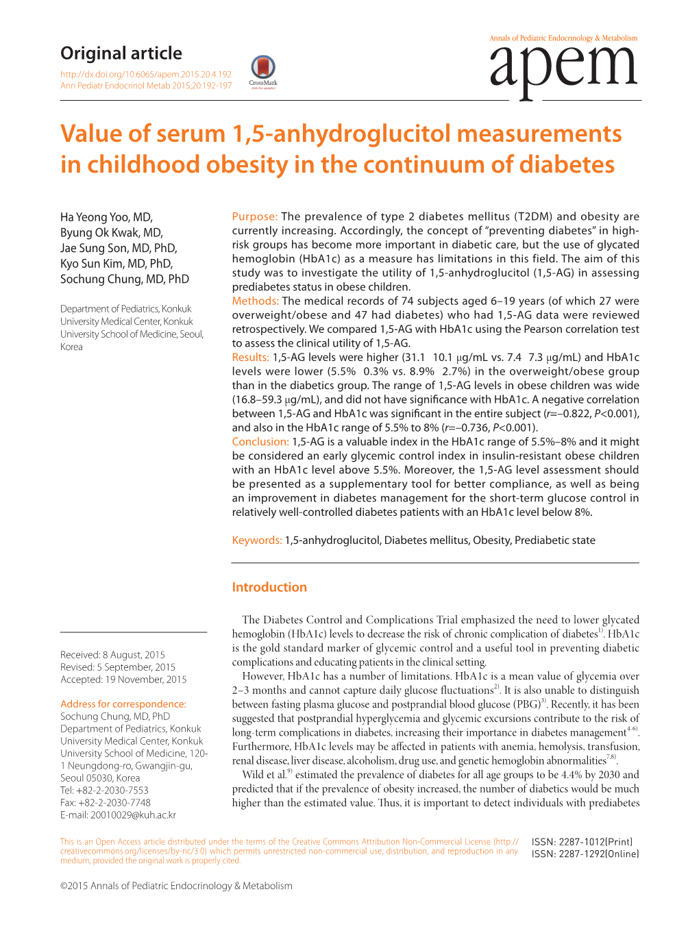 Value of Serum 1,5-Anhydroglucitol Measurements in Childhood Obesity in the Continuum of Diabetes