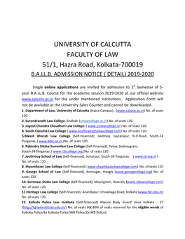 UNIVERSITY of CALCUTTA FACULTY of LAW 51/1, Hazra Road, Kolkata-700019 B.A.LL.B