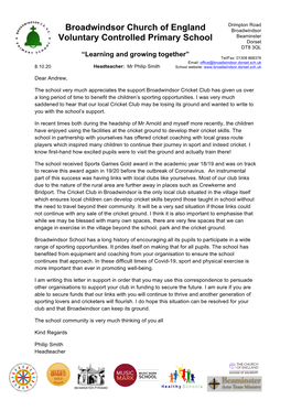 Letter of Support to Cricket Club 8.10.20