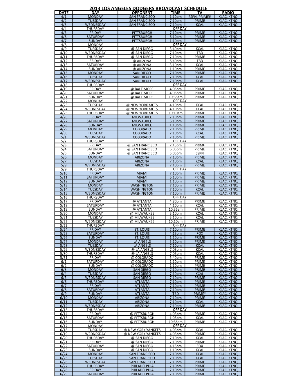 2013 Los Angeles Dodgers Broadcast Schedule