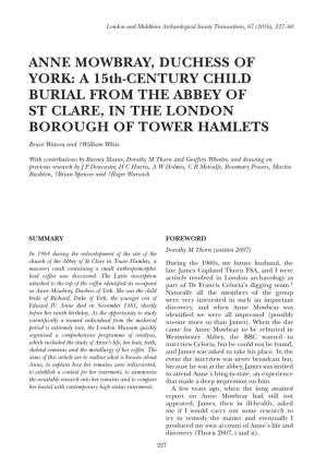 ANNE MOWBRAY, DUCHESS of YORK: a 15Th-CENTURY CHILD BURIAL from the ABBEY of ST CLARE, in the LONDON BOROUGH of TOWER HAMLETS
