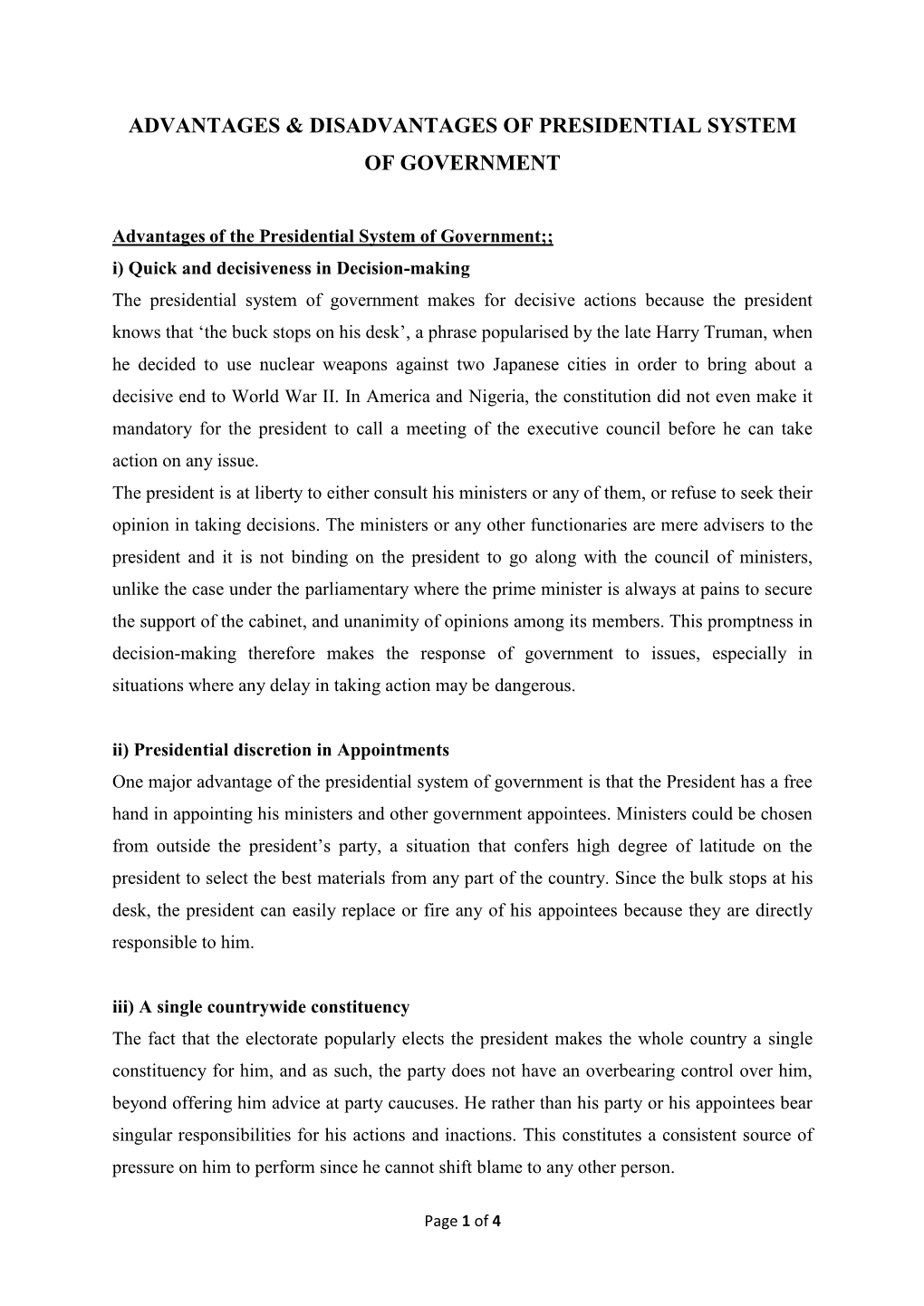 What Are The Major Characteristics Of Presidential System