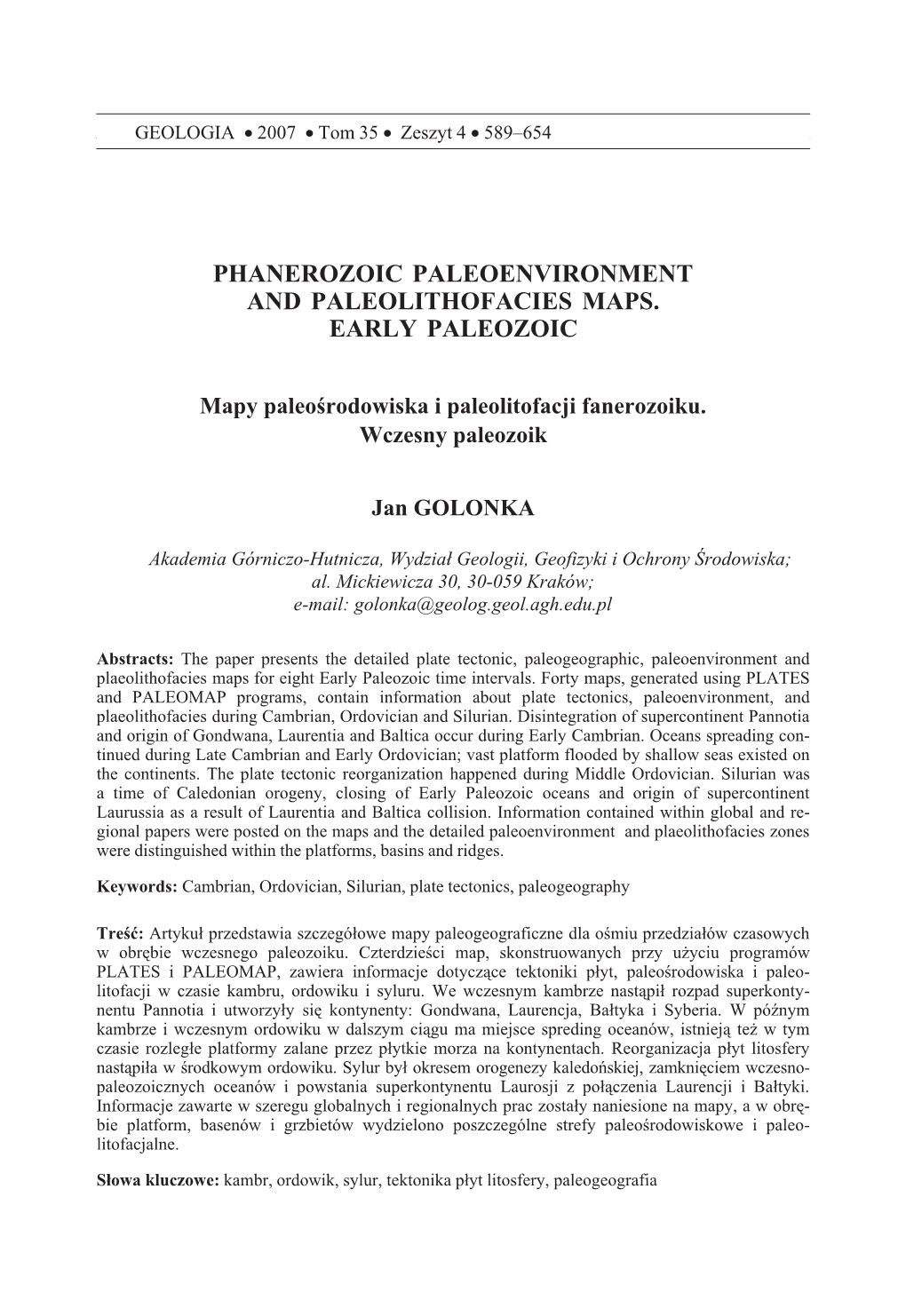 Phanerozoic Paleoenvironment and Paleolithofacies Maps. Early Paleozoic