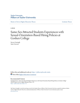 Same-Sex Attracted Students Experiences with Sexual-Orientation-Based Hiring Policies at Goshen College Steven Zantingh Taylor University