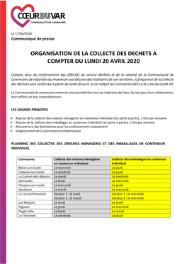 Organisation De La Collecte Des Dechets a Compter Du Lundi 20 Avril 2020