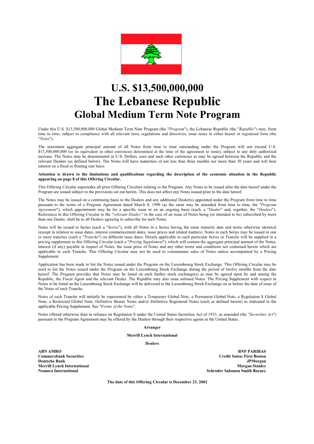 The Lebanese Republic Global Medium Term Note Program