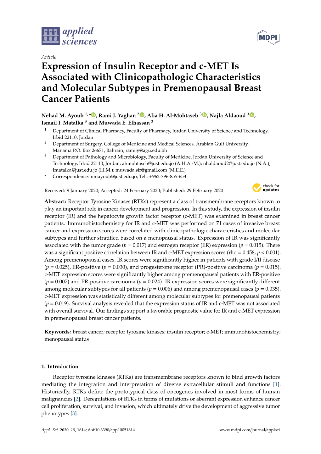 Expression of Insulin Receptor and C-MET Is Associated with Clinicopathologic Characteristics and Molecular Subtypes in Premenopausal Breast Cancer Patients