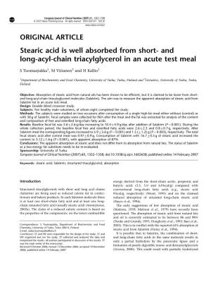 Stearic Acid Is Well Absorbed from Short- and Long-Acyl-Chain Triacylglycerol in an Acute Test Meal