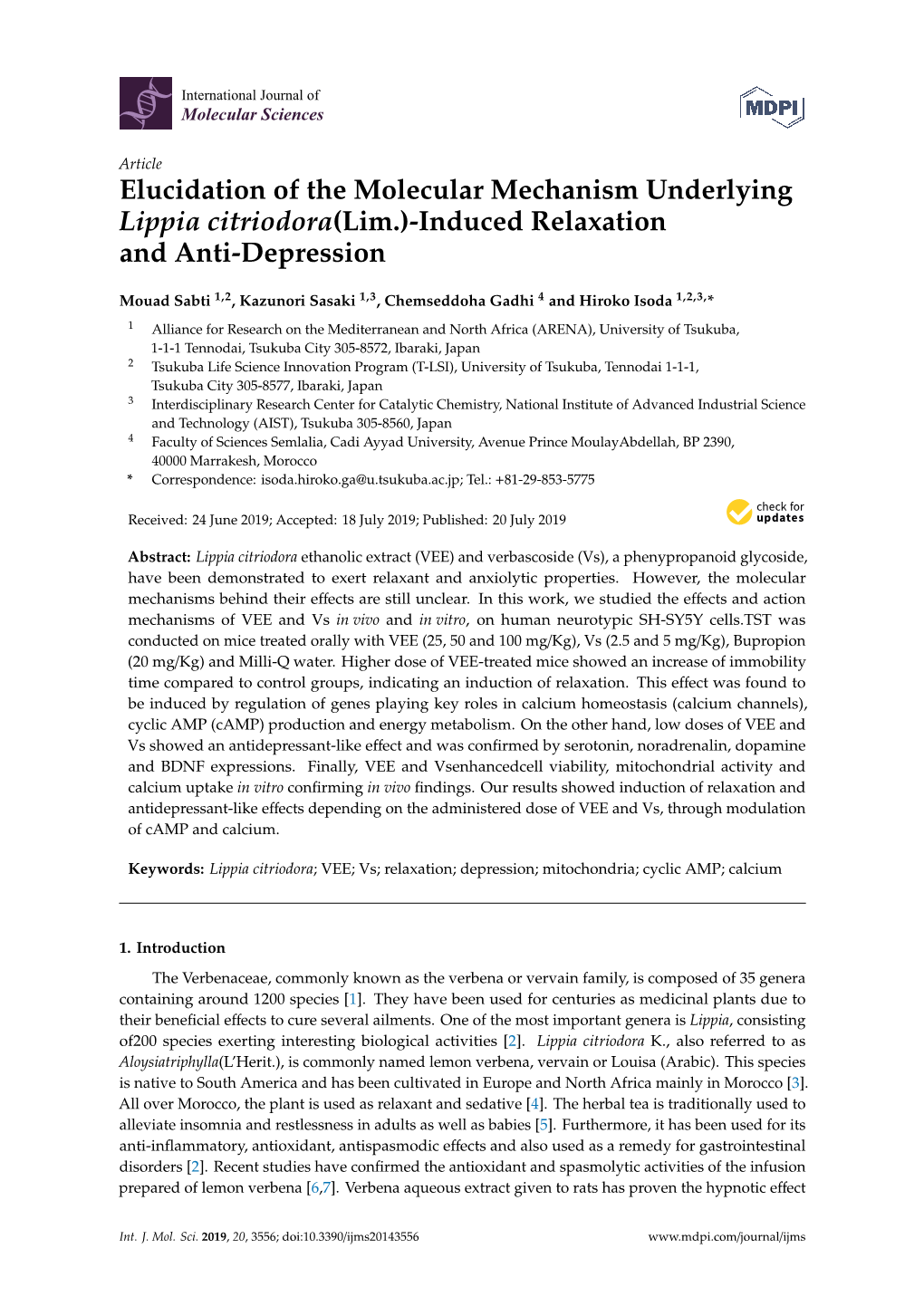 Elucidation of the Molecular Mechanism Underlying Lippia Citriodora(Lim.)-Induced Relaxation and Anti-Depression