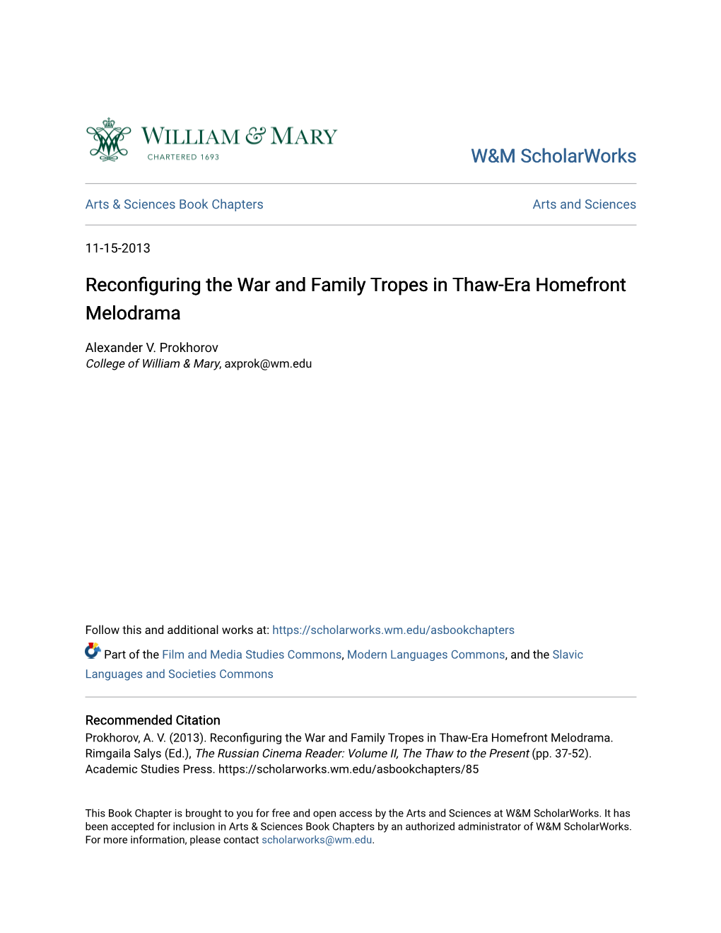 Reconfiguring the War and Family Tropes in Thaw-Era Homefront