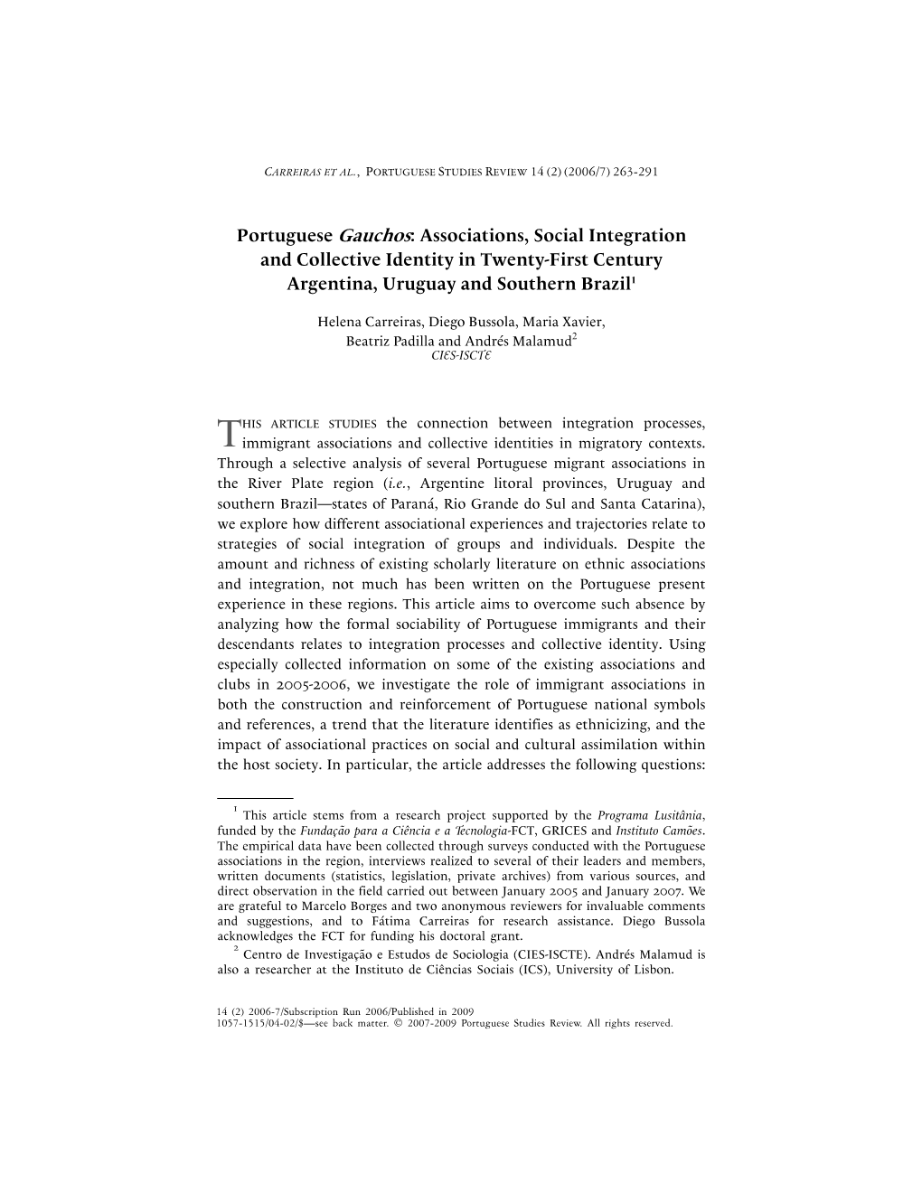 Portuguese Gauchos: Associations, Social Integration and Collective Identity in Twenty-First Century Argentina, Uruguay and Southern Brazil1