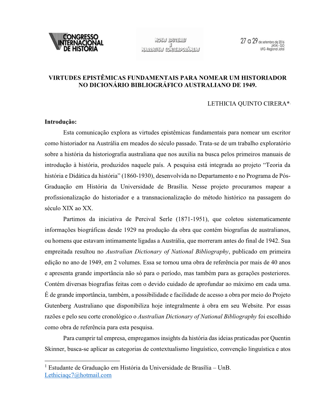 Virtudes Epistêmicas Fundamentais Para Nomear Um Historiador No Dicionário Bibliográfico Australiano De 1949