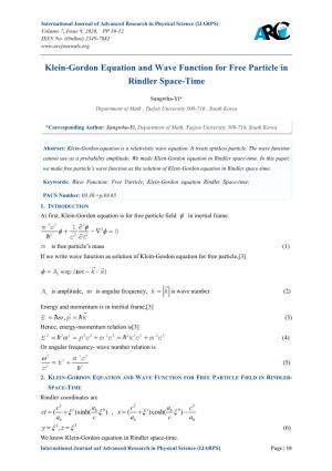 Klein-Gordon Equation and Wave Function for Free Particle in Rindler Space-Time