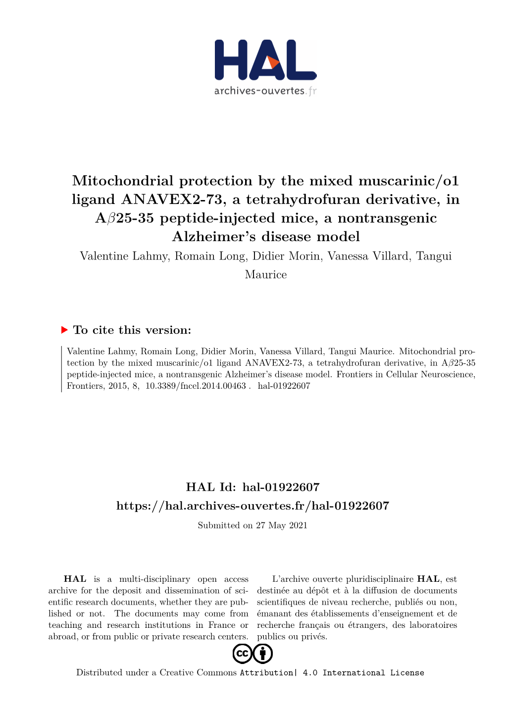 Mitochondrial Protection by the Mixed Muscarinic/O1 Ligand ANAVEX2-73