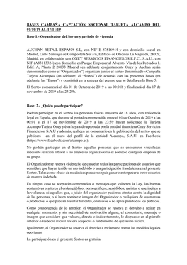 BASES CAMPAÑA CAPTACIÓN NACIONAL TARJETA ALCAMPO DEL 01/10/19 AL 17/11/19 Base 1.- Organizador Del Sorteo Y Periodo De Vigencia