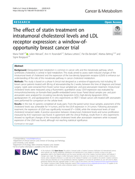 The Effect of Statin Treatment on Intratumoral Cholesterol Levels and LDL Receptor Expression: a Window-Of-Opportunity Breast Ca