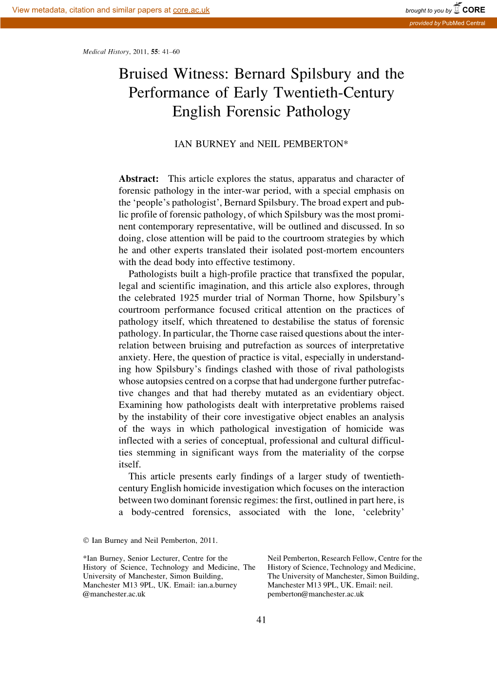 Bruised Witness: Bernard Spilsbury and the Performance of Early Twentieth-Century English Forensic Pathology