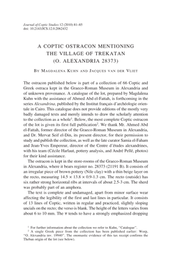 A Coptic Ostracon Mentioning the Village of Trekatan (O