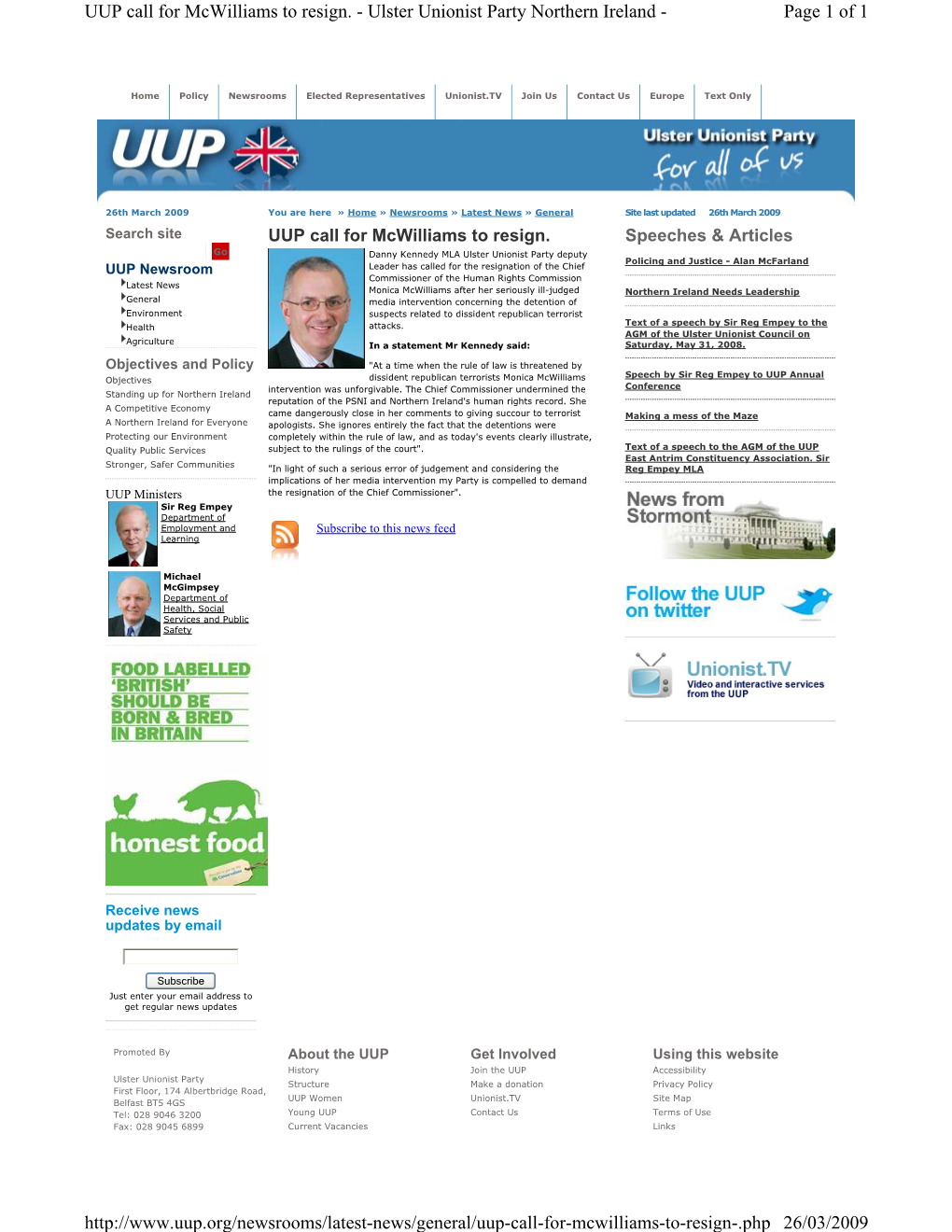 Page 1 of 1 UUP Call for Mcwilliams to Resign