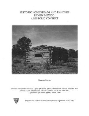 HISTORIC HOMESTEADS and RANCHES in NEW MEXICO: a HISTORIC CONTEXT R