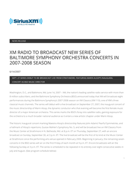 Xm Radio to Broadcast New Series of Baltimore Symphony Orchestra Concerts in 2007-2008 Season