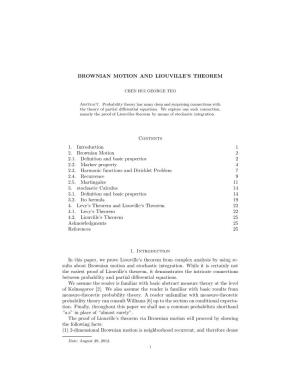 BROWNIAN MOTION and LIOUVILLE's THEOREM Contents