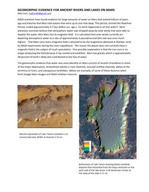 GEOMORPHIC EVIDENCE for ANCIENT RIVERS and LAKES on MARS Mike Hart, Mwhart40@Gmail.Com