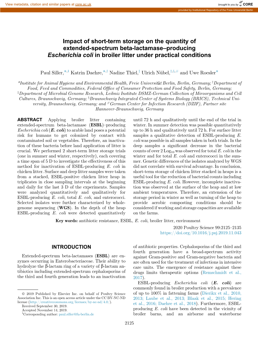 Impact of Short-Term Storage on the Quantity of Extended-Spectrum Beta-Lactamase–Producing Escherichia Coli in Broiler Litter Under Practical Conditions