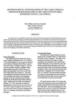 Archaeological Investigations of Two Lake Cahuilla Associated Rockshelters in the Toro Canyon Area, Riverside County, California