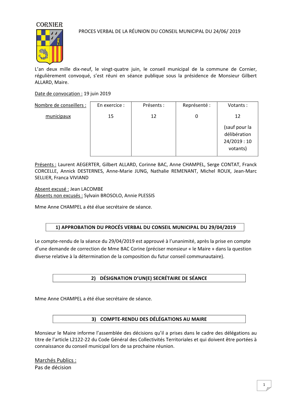 Proces Verbal De La Réunion Du Conseil Municipal Du 24/06/ 2019