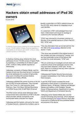 Hackers Obtain Email Addresses of Ipad 3G Owners 9 June 2010