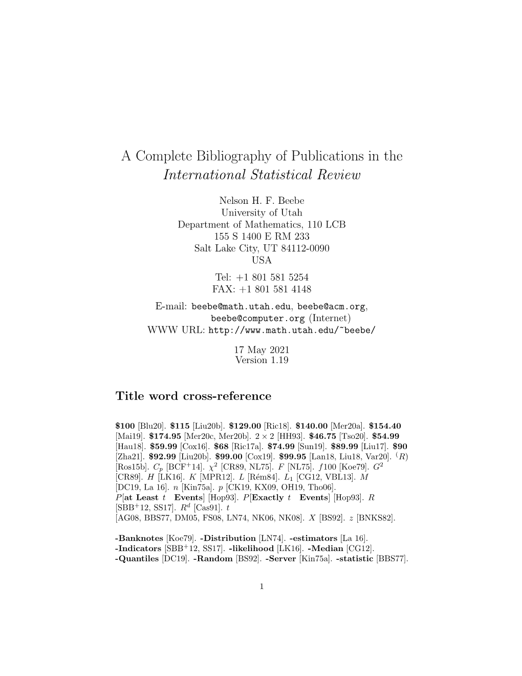 A Complete Bibliography of Publications in the International Statistical Review