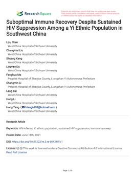 Suboptimal Immune Recovery Despite Sustained HIV Suppression Among a Yi Ethnic Population in Southwest China