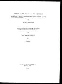 By Terry L. Whitworth a Thesis Submitted in Partial Fulfillment of the Requirements for the Degree of in Zoology Logan, Utah